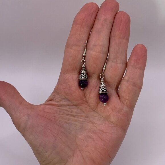 AMETHYST Silver Bali Style Handmade Bead Pierced Earrings LA123 - Picture 3 of 3